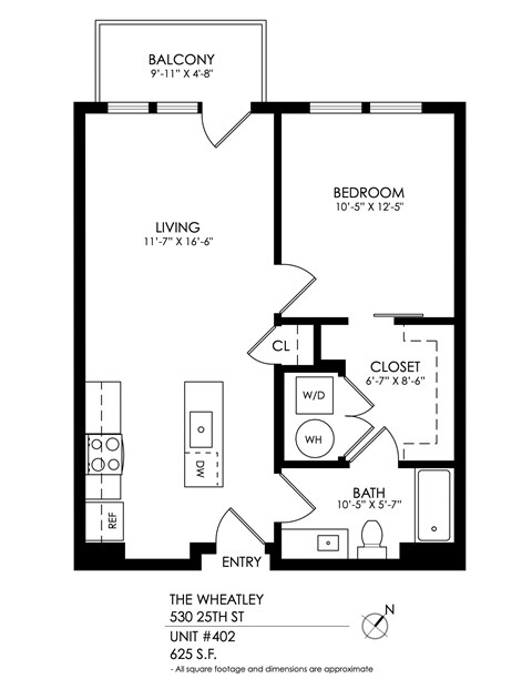 Floor plan for 1 bed, 1 bath, 795 sqft